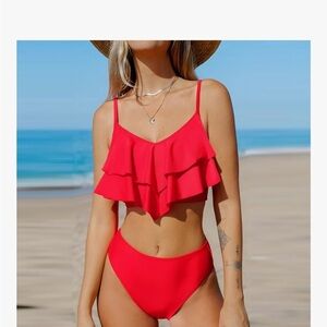 Amazon Red Ruffled Bikini Set Sz S
